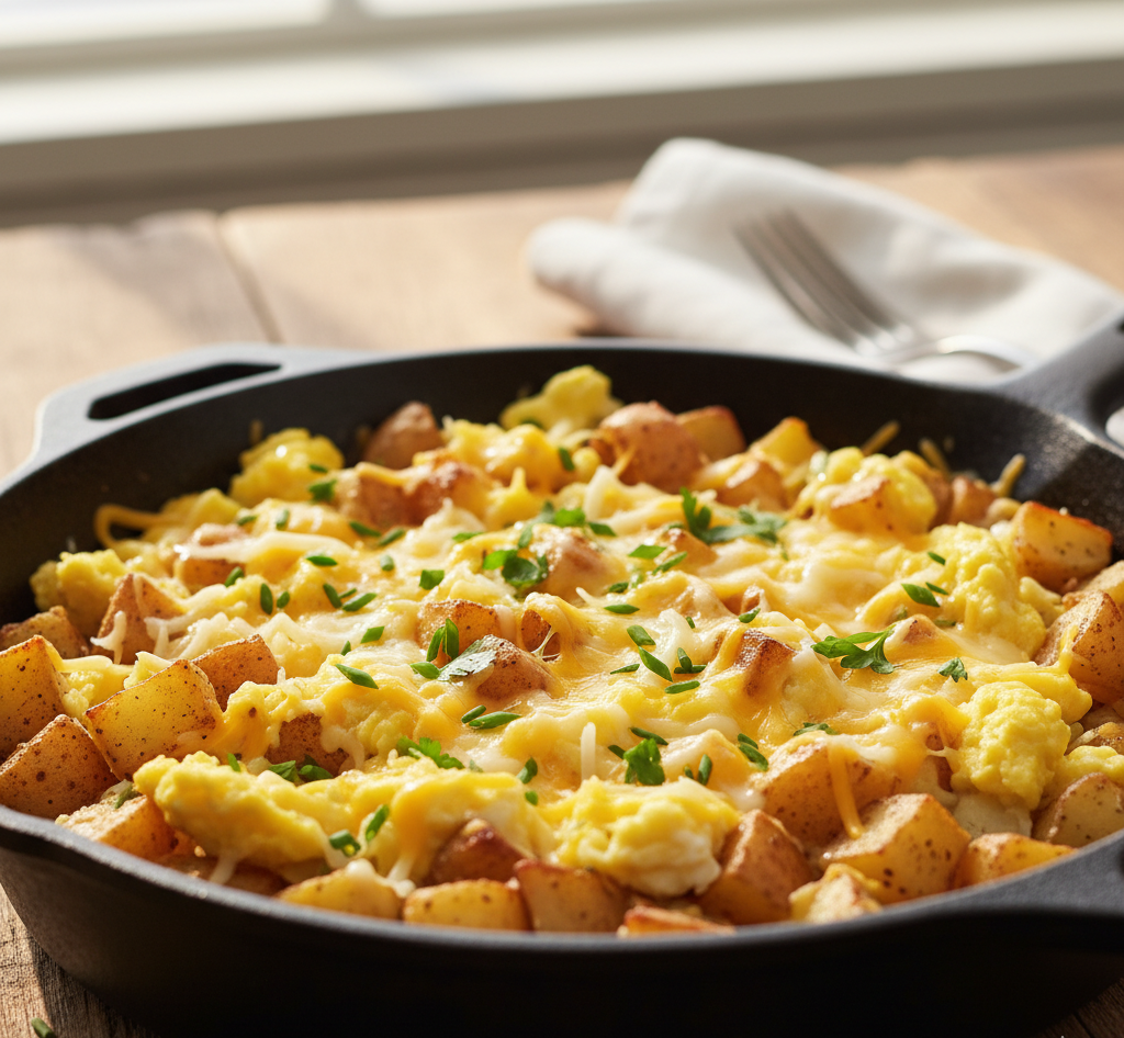If you’re looking for a hearty, satisfying breakfast that comes together quickly and keeps you full for hours, this cheesy potato egg scramble is exactly what you need. It’s made with simple ingredients—crispy potatoes, fluffy scrambled eggs, and gooey melted cheese—but the result is pure comfort food magic.