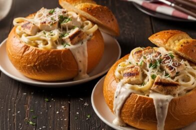 Delicious Chicken Alfredo Garlic Bread Bowls: Easy Dinner Recipe for Two